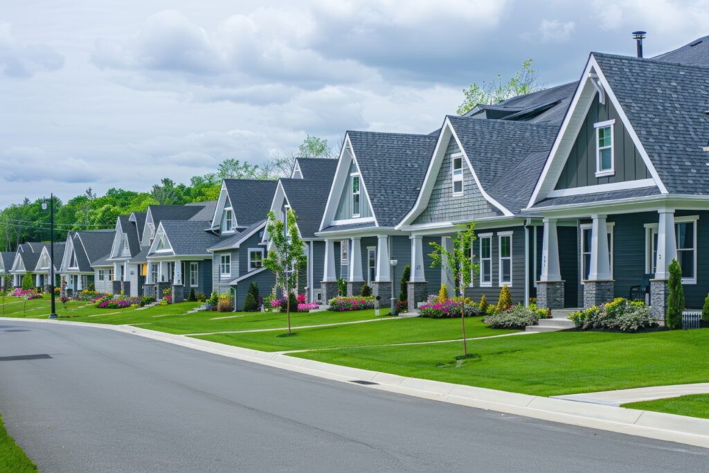 A row of identical, modern gray homes with white trim line a suburban street. The scene is tranquil, with green lawns and colorful flowers under a cloudy sky.